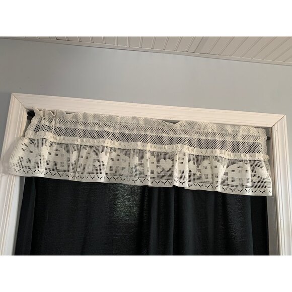 Crochet Lace Window Valance Curtain 1 Pair 12x46" Wide Cream House Heart Design - Picture 4 of 5